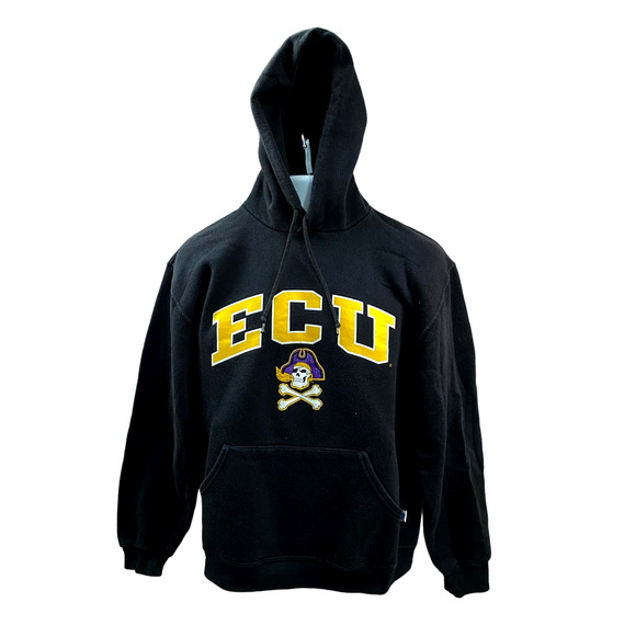 East Carolina Pirates Hoodie Men Medium Black Purple Sweatshirt Sweater Russell - Picture 1 of 11